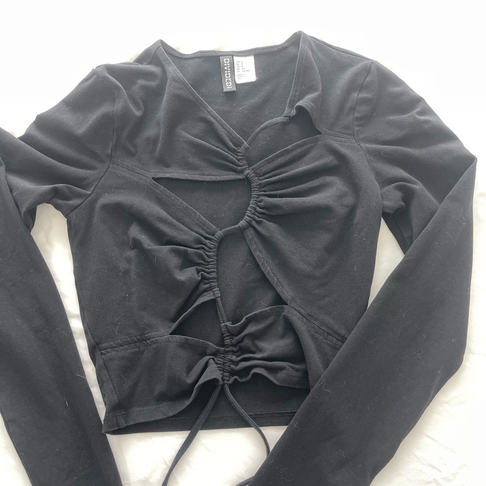 Divided Black Ruched Long Sleeve Crop Top